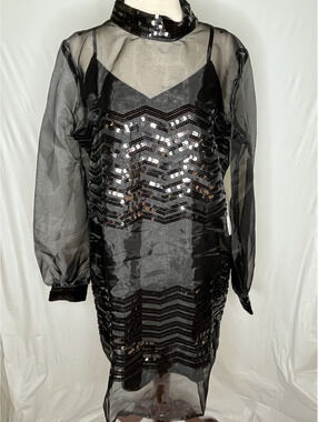 NWT ModCloth Women's Black/Sequin, Fanciful Fette Shift Dress Size Large